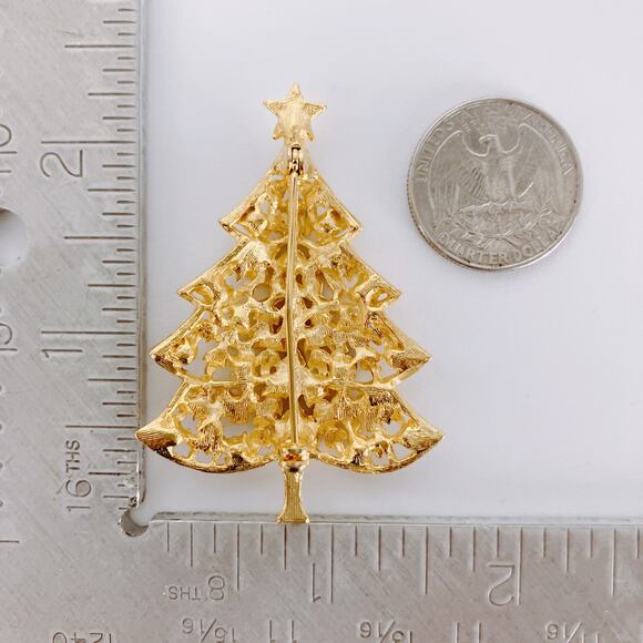 Christmas Tree Brooch Gold Tone Multi Color Rhinestone Festive Holiday Jewelry - Picture 9 of 9